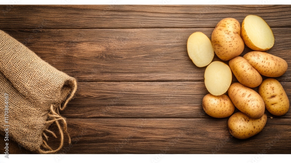 Bunch of potatoes are on a wooden table with a burlap bag. The bag is tied with a string Bunch of potatoes are on a wooden table with a burlap bag. The bag is tied with a string