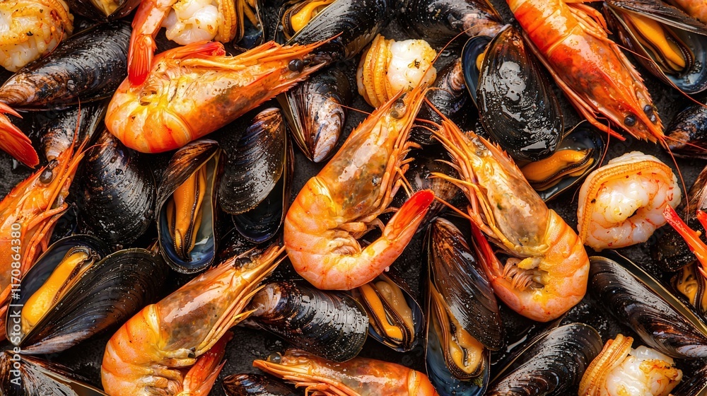 Close-up of cooked shrimps and mussels. Close-up of cooked shrimps and mussels.