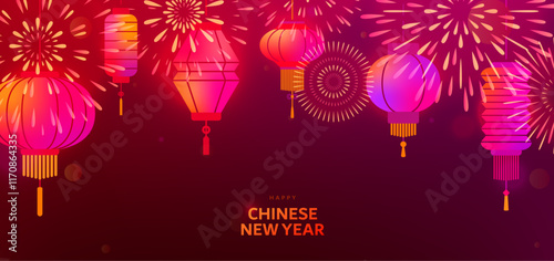 Chinese New Year 2025 vector illustration. Chinese lanterns and bright fireworks on night sky. Modern luxury oriental traditional background for cover, greeting card, celebration banner, poster