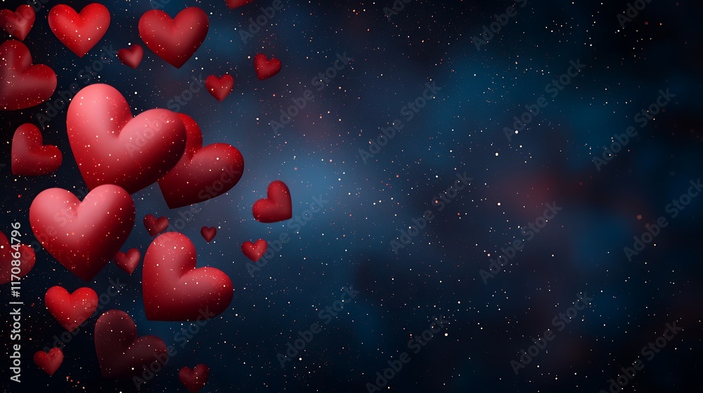 A vibrant display of red hearts floating against a dark, starry background, evoking feelings of love and romance. A vibrant display of red hearts floating against a dark, starry background, evoking feelings of love and romance.