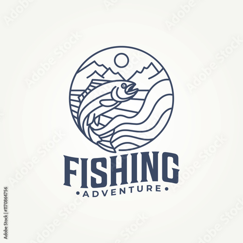 minimalist trout fish with mountain and lake line art icon badge logo vector illustration design. simple modern  fishing adventure club logo concept