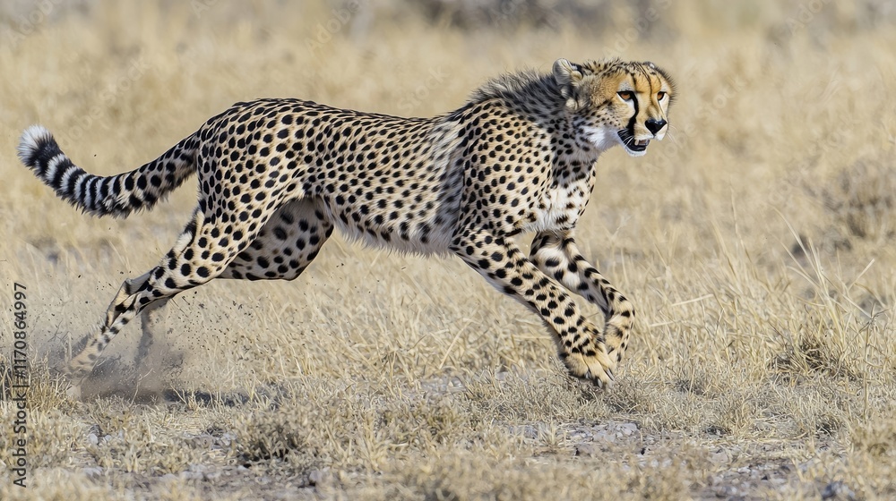 A cheetah sprinting gracefully across a dry, grassy landscape. A cheetah sprinting gracefully across a dry, grassy landscape.