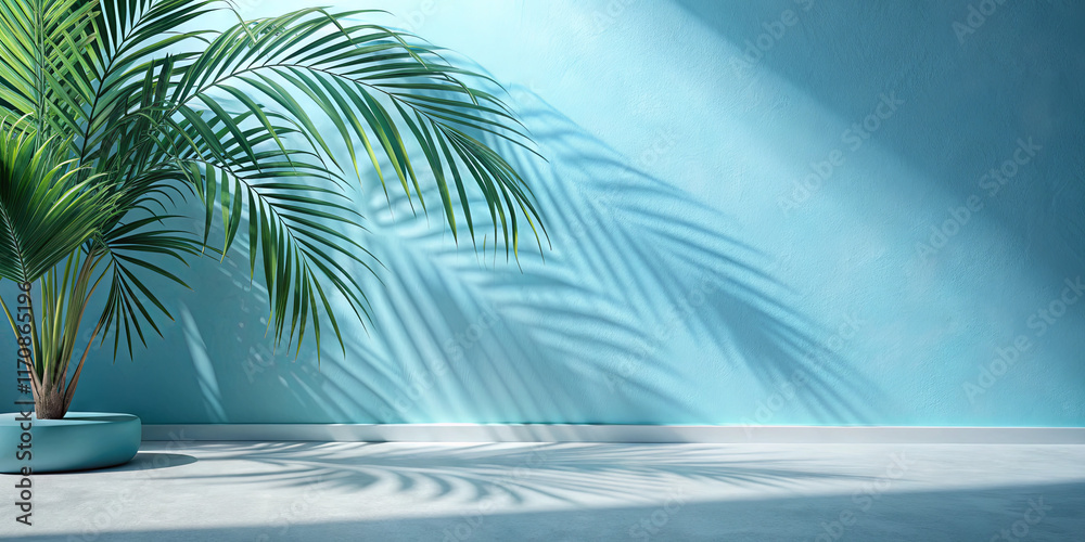 A potted palm sits in a bright indoor environment, casting intricate shadows on a light blue wall and floor. The sunlight creates a serene and calming atmosphere, emphasizing the plant's beauty