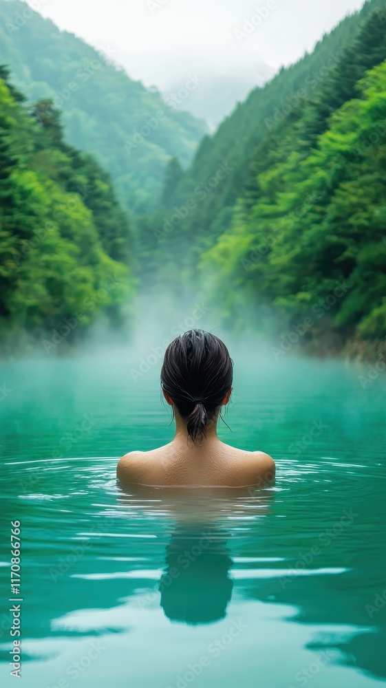 Fototapeta premium Serene Woman Relaxing in Tranquil Turquoise Hot Spring Mountain View