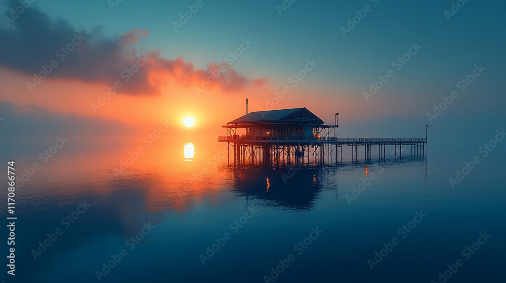 Sunrise Over Water House On Stilts Peaceful Scene Sunrise Over Water House On Stilts Peaceful Scene