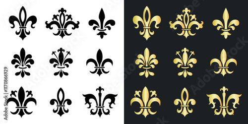 Fleur de lis icon. Royal Lily Symbol. Black and gold gradient set. Vector collection