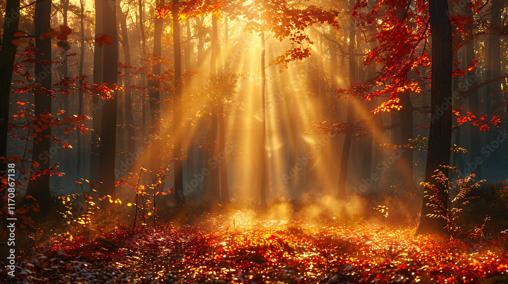 Fototapeta premium Autumn forest nature. Vivid morning in colorful forest with sun rays through branches of trees. Scenery of nature with sunlight