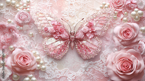 Fototapeta Naklejka Na Ścianę i Meble -  Butterfly is surrounded by pink roses and pearls