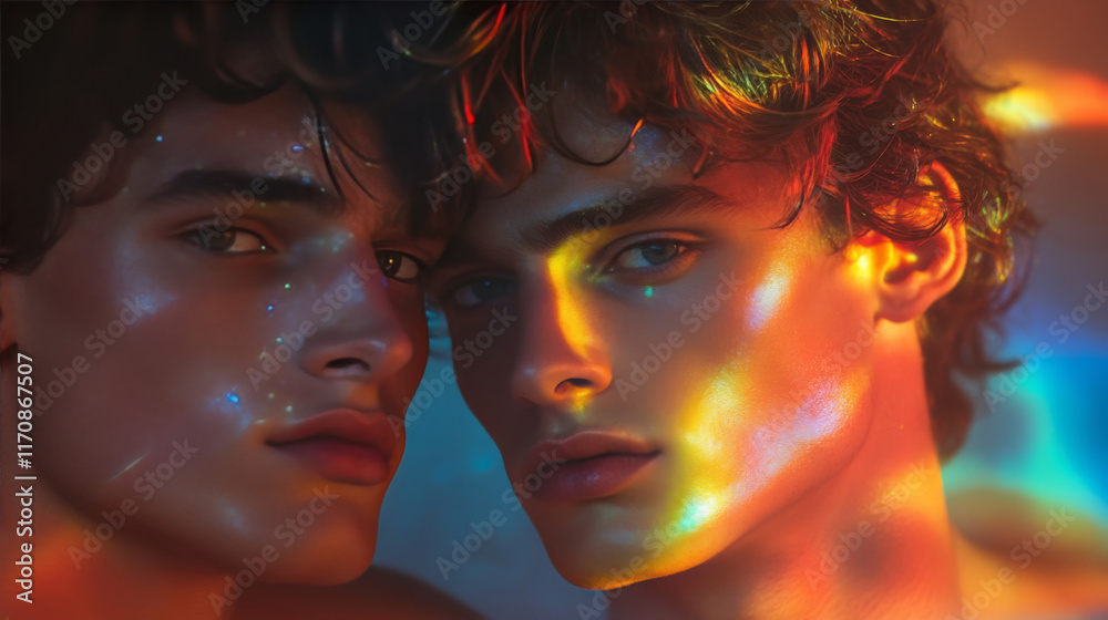 Obraz premium Portrait of Two Models With Vibrant Light Reflections Showcasing Queer Identity in an Artistic Setting