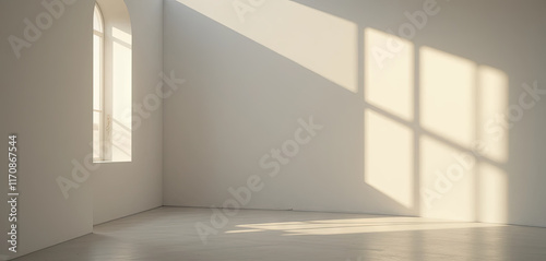 Soft sunlight filters through a window, illuminating a minimalist room with white walls and a clean floor. The play of light creates contrasting shadows in the space photo