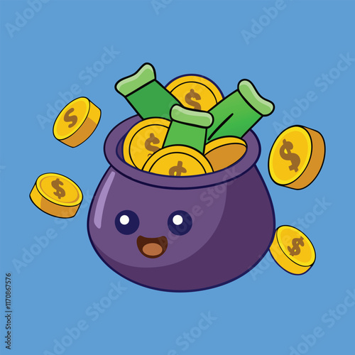 A pot tipped over, spilling a cascade of coins and cash onto the surface below, symbolizing abundance, wealth, or financial overflow in a dynamic and lively scene.