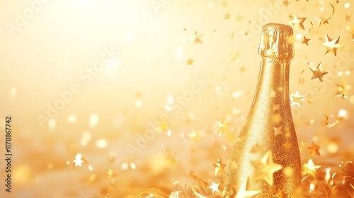 Ideal for festive occasions, this celebration-themed background features a golden champagne bottle, glittering confetti stars, and party streamers. photo