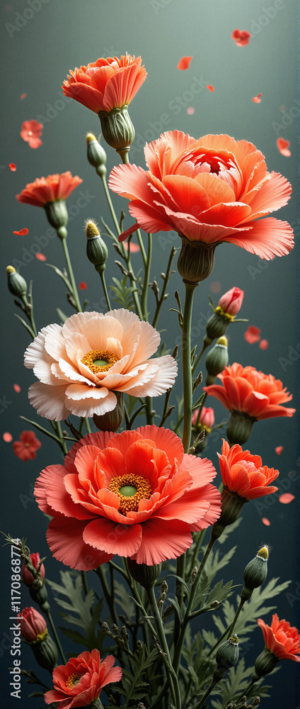 Fototapeta premium Vibrant flowers in coral and white tones against a dark background with copy space