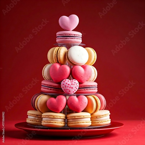 A decorative tower of colorful macarons topped with a small red heart, perfect for festive occasions. photo