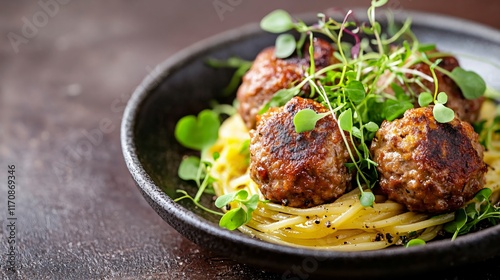 A gourmet-style spaghetti and meatballs presentation with microgreens, isolated on a textured brown background