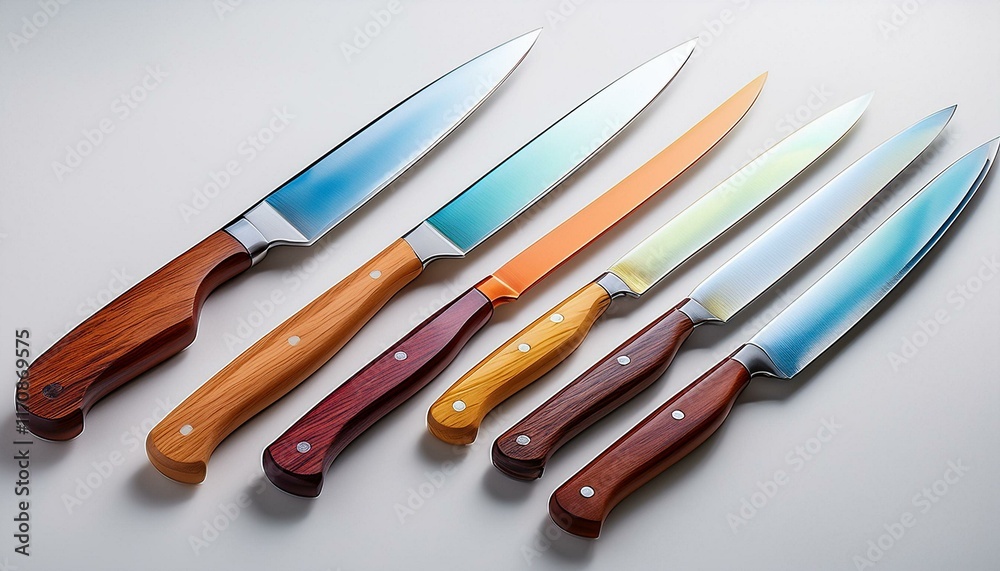 Sleek Chef Knives: Gradient Blades, Wooden Handles, Modern Design Sleek Chef Knives: Gradient Blades, Wooden Handles, Modern Design