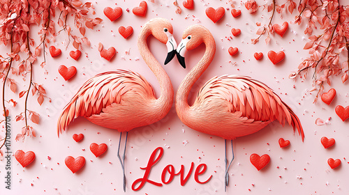Two pink flamingos standing next to each other with hearts in the background