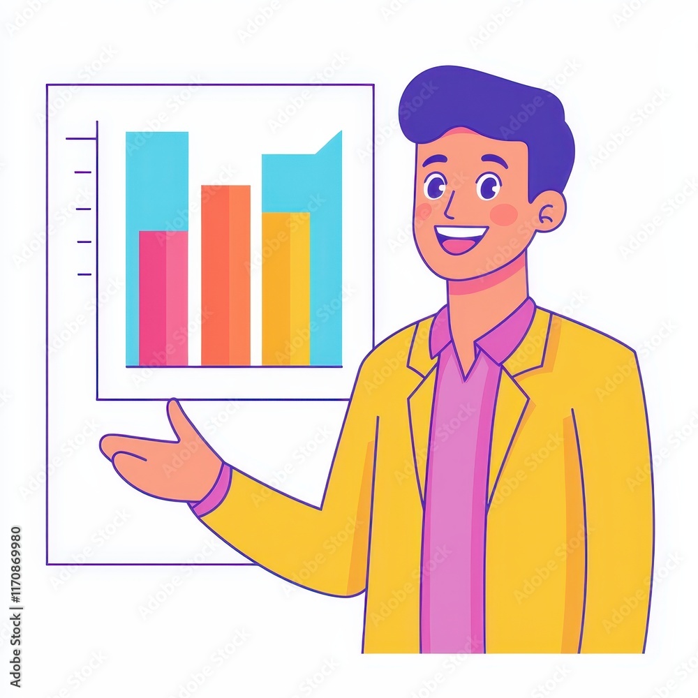 Smiling Man Presenting Colorful Bar Chart Data Business Presentation Financial Report Graph Smiling Man Presenting Colorful Bar Chart Data Business Presentation Financial Report Graph
