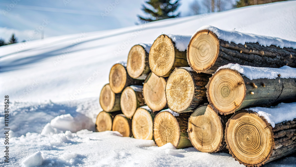Sturdy logs are neatly stacked on a snowy ground, surrounded by a serene winter landscape under bright blue skies. The scene conveys the beauty of a cold season Sturdy logs are neatly stacked on a snowy ground, surrounded by a serene winter landscape under bright blue skies. The scene conveys the beauty of a cold season