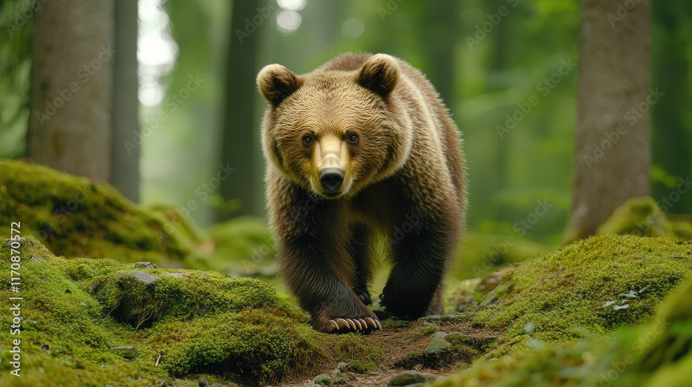 Fototapeta premium A brown bear walking through a lush, green forest, showcasing nature's wildlife.