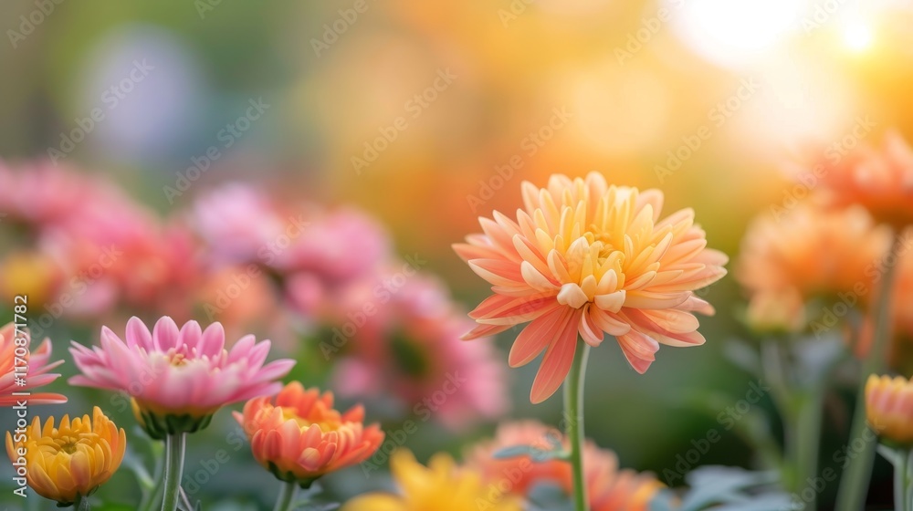 Chrysanthemum plants bursting with a multitude of colorful flowers, set in a tranquil garden, the late afternoon sun casting a soft, enchanting light over the blooms Chrysanthemum plants bursting with a multitude of colorful flowers, set in a tranquil garden, the late afternoon sun casting a soft, enchanting light over the blooms