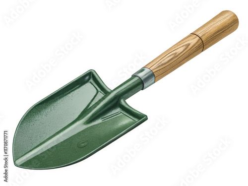 Green garden shovel with wooden handle, gardening tool, detailed illustration, isolated on white background.png photo