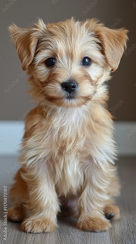 Adorable fluffy golden puppy sitting on floor. Adorable fluffy golden puppy sitting on floor.