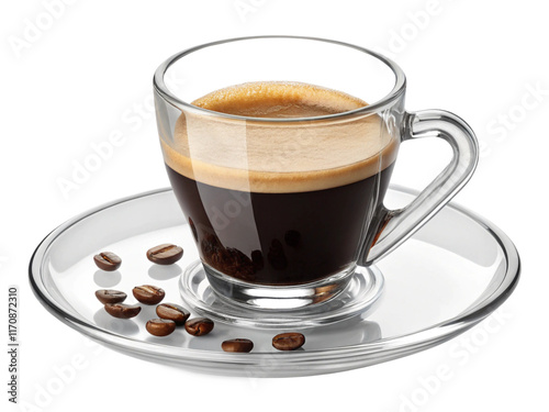 Glass espresso cup with saucer, ideal for serving hot espresso or coffee. The clear design and sleek handle add a modern touch to your coffee experience. Isolated on transparent background, png.
