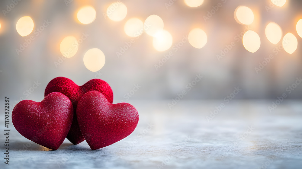 Fototapeta premium Three hearts for Valentine ´s day backdrop. Horizontal banner.