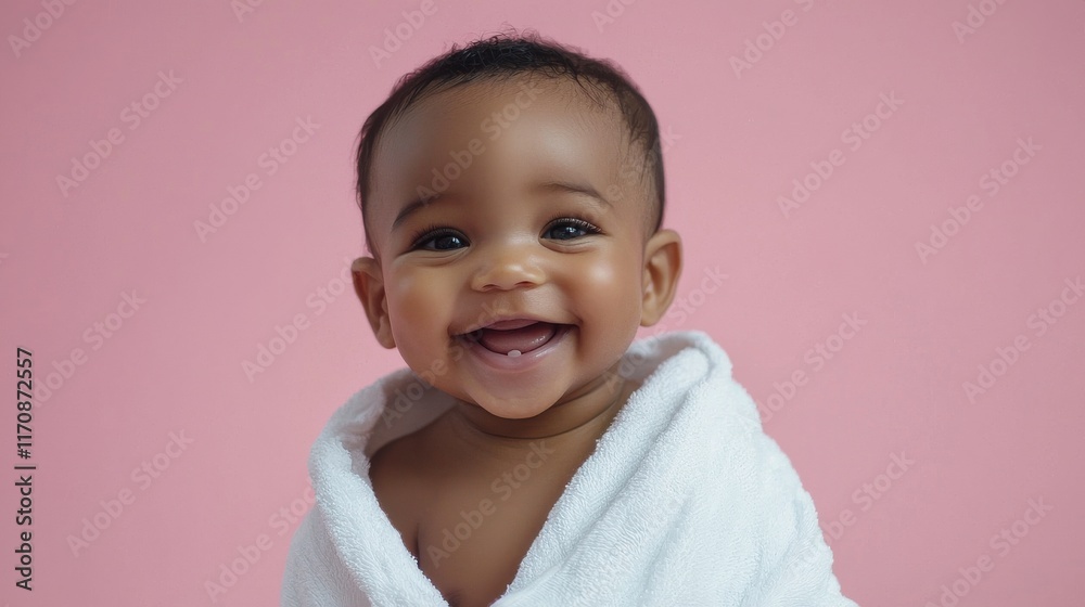 Smiling baby wrapped in white towel against pink background. Smiling baby wrapped in white towel against pink background.