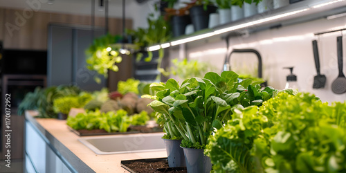 Fresh Green Vegetables Growing in a Stylish Modern Indoor Kitchen Garden