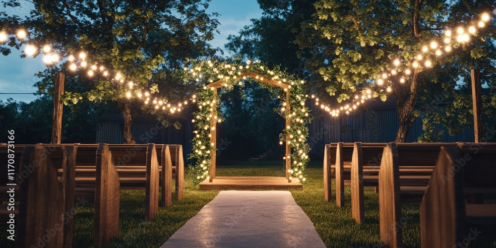 Fototapeta premium A beautifully lit outdoor wedding venue with an arch and wooden seating.