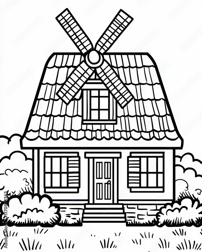Fototapeta premium Charming Black and White Illustration of a Windmill House with Lush Bushes