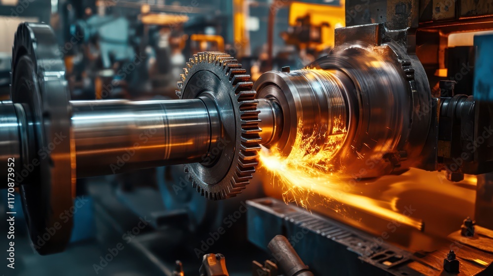 Fototapeta premium A dynamic scene in a factory with heavy machinery working in harmony, gears turning and metal parts grinding to create the power of industry.