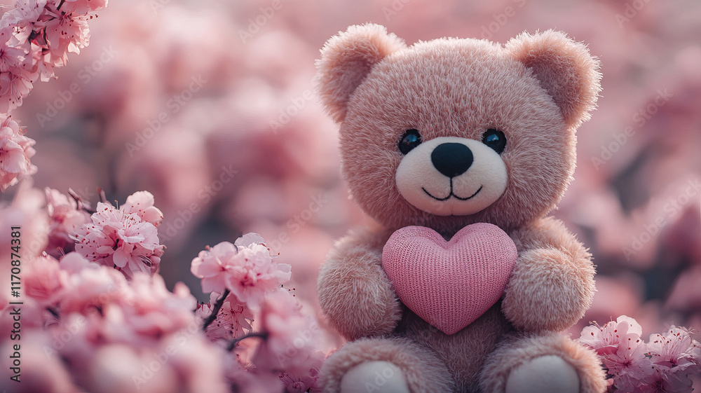 Fototapeta premium Teddy bear holding heart symbolizing love on pastel pink roses flowers background.