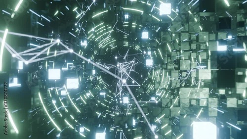 A geometric luminous sphere surrounded by platforms and lights in an abstract technological environment. Video loop seamless synchronized at 120 bmp