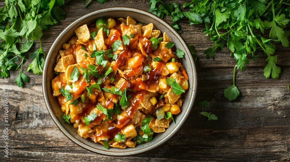 A bowl of Frito pie with a drizzle of hot sauce, isolated on a rustic wooden table with fresh herbs A bowl of Frito pie with a drizzle of hot sauce, isolated on a rustic wooden table with fresh herbs