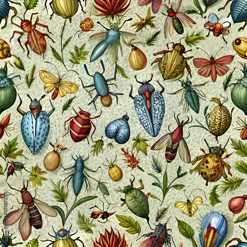 A vibrant seamless pattern featuring colorful beetles and insects.