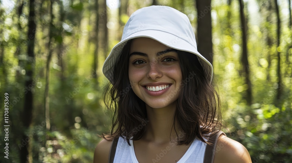 Beautiful woman wearing blank white bucket hat mockup on green forest background Beautiful woman wearing blank white bucket hat mockup on green forest background