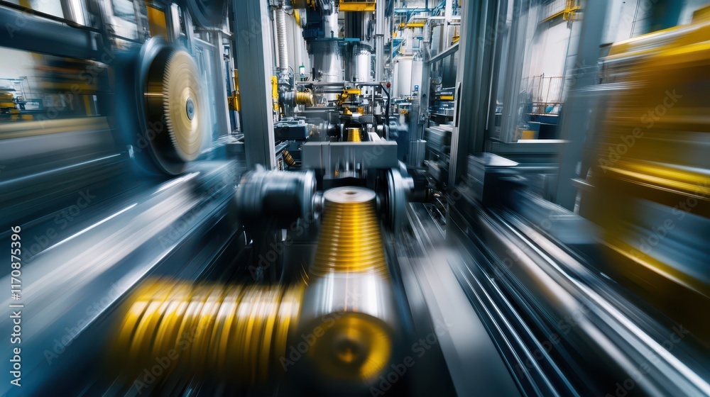 Fototapeta premium A dynamic scene of a factory floor with machines working at full capacity, gears turning and metal parts grinding to create power.