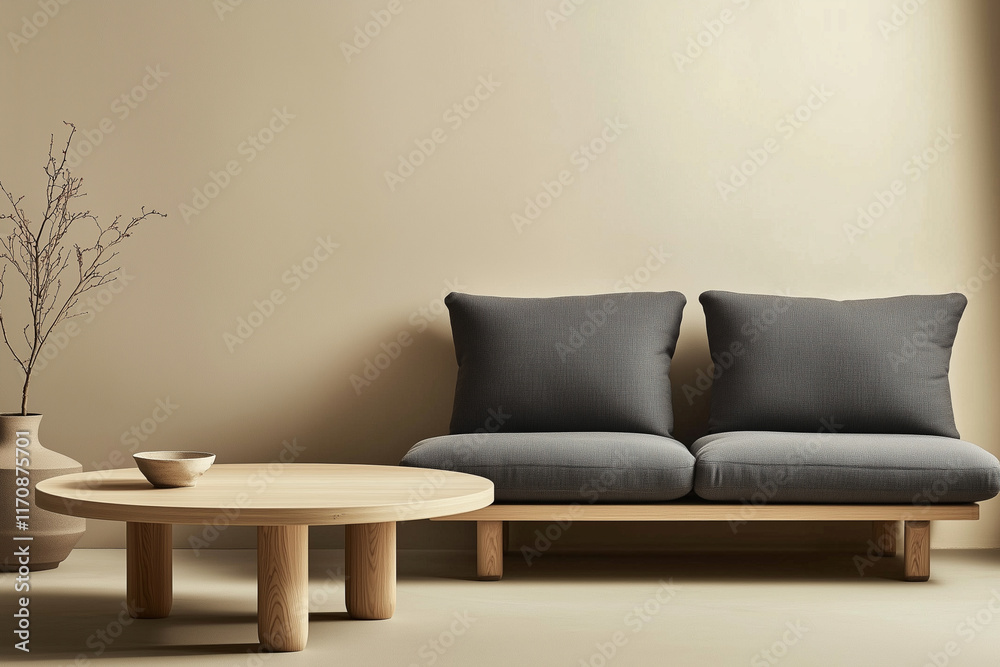 A smooth, rounded-edge wooden table in a warm tone with f a minimal sofa. A smooth, rounded-edge wooden table in a warm tone with f a minimal sofa.
