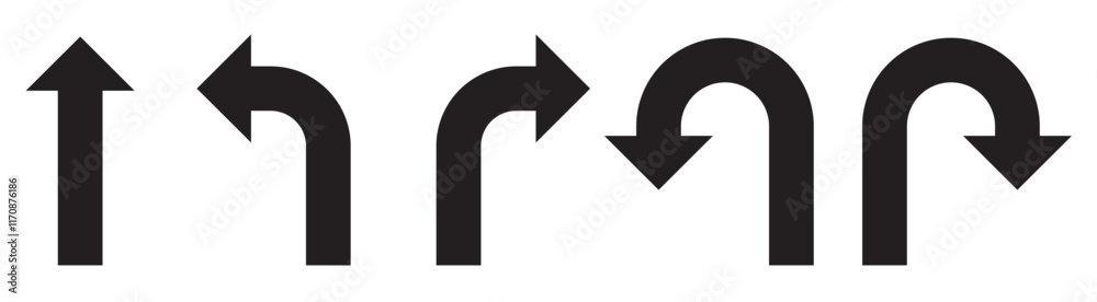 Go Straight This Way One Way Only U Turn Left and Right Black Arrow Sign Direction Icon Set. Vector Image. Go Straight This Way One Way Only U Turn Left and Right Black Arrow Sign Direction Icon Set. Vector Image.