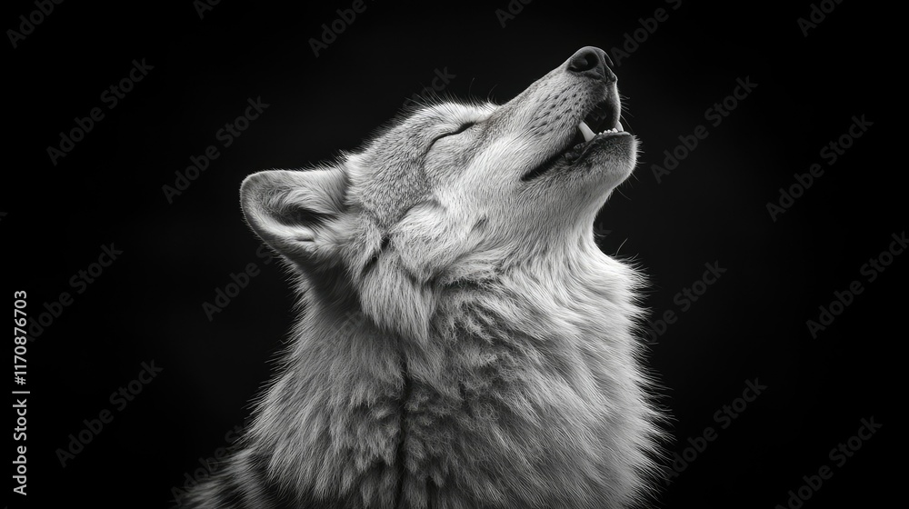 Fototapeta premium Majestic Wolf Howling at the Moon: A Black and White Portrait
