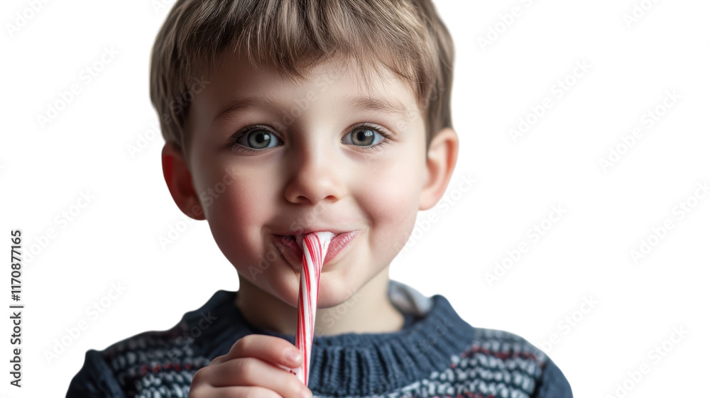 Adorable Young Boy Chewing on a Candy Cane with a Bright White Background, Perfect for Christmas and Holiday-Themed Design Projects. Adorable Young Boy Chewing on a Candy Cane with a Bright White Background, Perfect for Christmas and Holiday-Themed Design Projects.