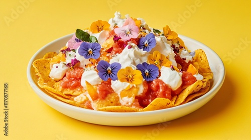 A spring-inspired Frito pie topped with fresh edible flowers, isolated on a pastel yellow backdrop photo