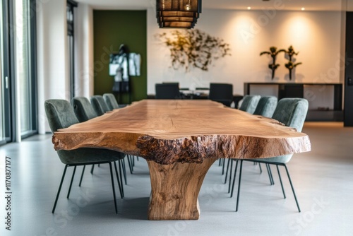 A large wooden table with many chairs around it photo