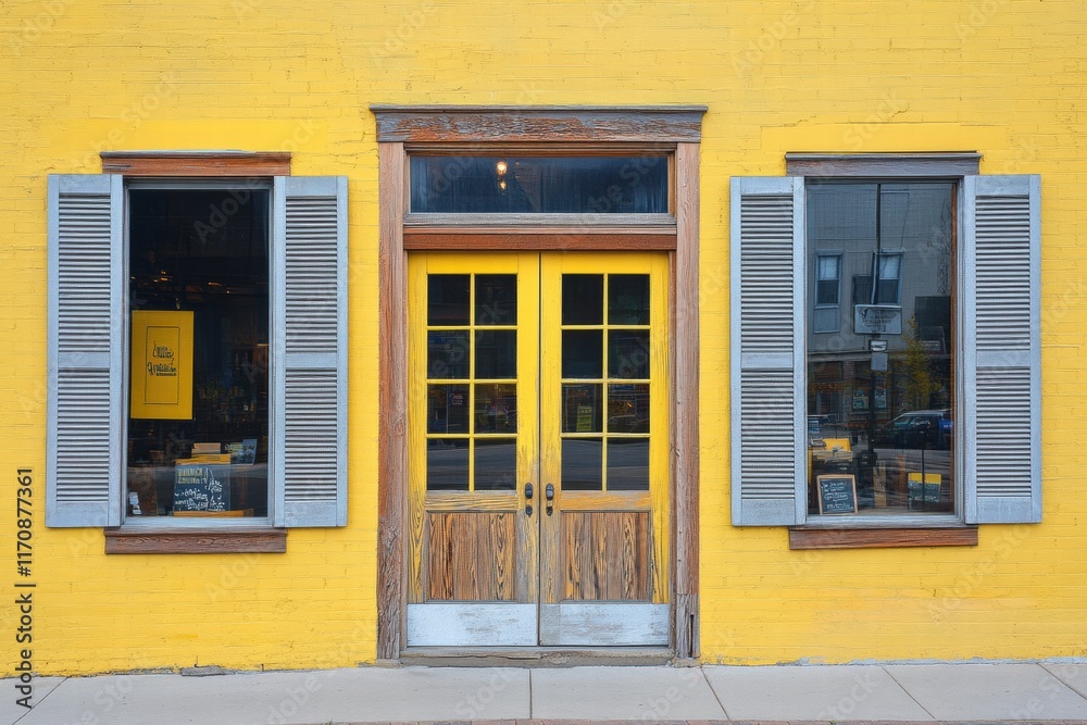 Fototapeta premium The yellow building has a wooden door and two windows