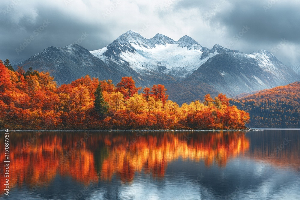 Obraz premium A beautiful autumn landscape with a lake and mountains in the background