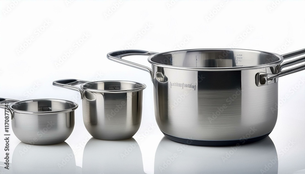 Sleek Stainless Steel Cookware: Measuring Cups and Pot Set Sleek Stainless Steel Cookware: Measuring Cups and Pot Set