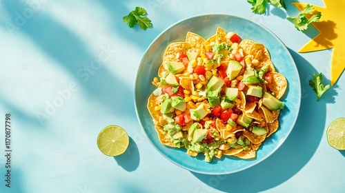 A vibrant summer plate of Frito pie with fresh avocado and lime, isolated on a light blue background with sun motifs photo